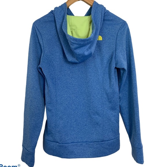 The North Face Heather Blue Yellow Logo Print Track Pullover Hoodie Ladies Sz SP - Picture 3 of 5